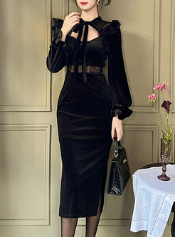 Classy Hollow Lace Velvet Bodycon Dresses