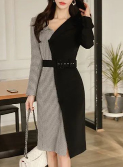 Office Houndstooth Patch With Belt Dresses