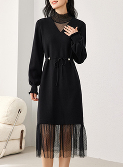Elegant Mesh Patch Knitted Dresses