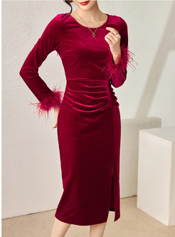 Luxe Velvet Feather Silt Bodycon Dresses