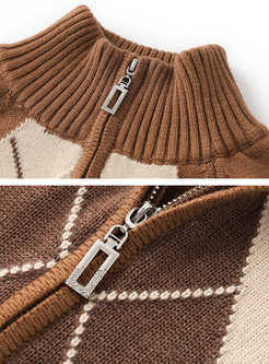 Vintage Zipped Rhombus Women Knit Cardigan