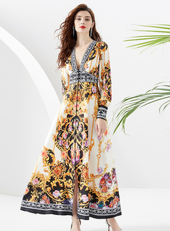 Ethnic Printed Deep V-Neck Maxi Dresses