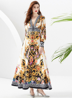 Ethnic Printed Deep V-Neck Maxi Dresses