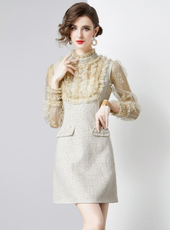 Cute Mesh Distored Selvedge Tweed Dresses