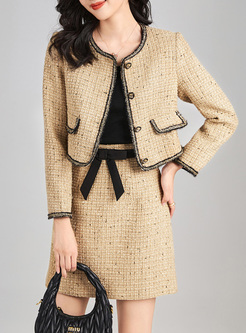 Elegant Tweed Short Coats & Bowknot Mini Skirts