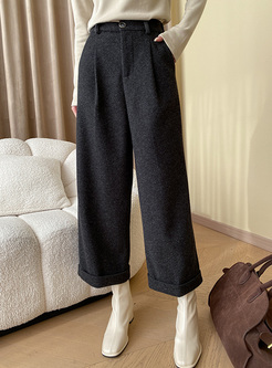 Daily Woolen Curled Straight Pants Women