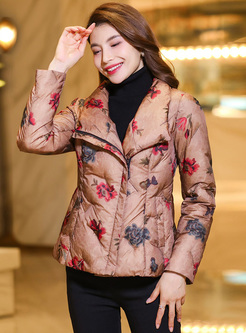 Fashion Flower Zipped Women Down Coats