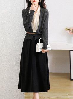 Elegant Patchwork Knit Cardigan & Long Skirts