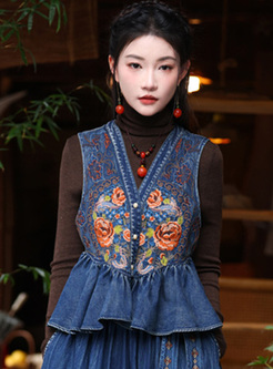 Retro Embroidered Ruffle Hem Women Jean Vests
