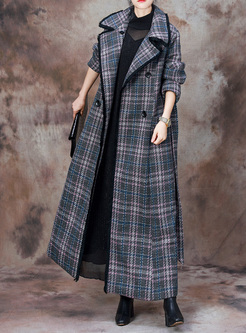 New Plaid Large Lapel Women Long Overcoats