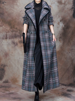 New Plaid Large Lapel Women Long Overcoats