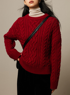 Retro Crewneck Cable Knit Sweaters Women