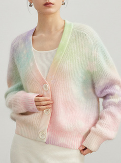 Chic Colorful Printed Mohair Knit Cardigan Women