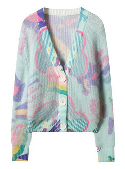 Chic Colorful Printed Mohair Knit Cardigan Women