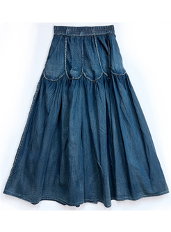 Retro Petal Splicing Elastic Waist Jean Skirts