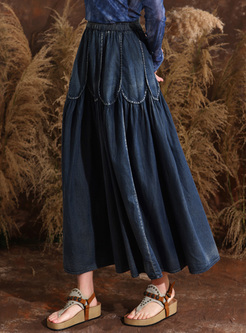 Retro Petal Splicing Elastic Waist Jean Skirts