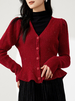 Pretty V-Neck Ruffle Hem Women Sweaters