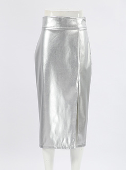 New Silver Leather Silt High Waisted Skirts