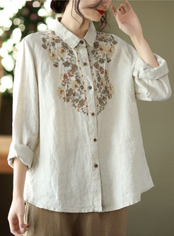 Vintage Embroidered Linen Women Blouses