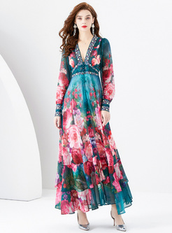 Pretty Plunging Neck Rose Long Dresses