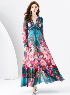 Pretty Plunging Neck Rose Long Dresses