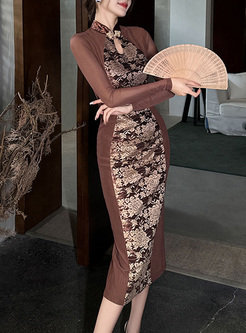 Vintage Sheer Printed Cheongsam Style Dresses
