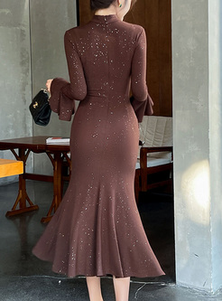 Elegant Sequins Flare Sleeve Peplum Dresses