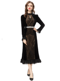 Luxe Ruffle Hem Beaded Velvet Dresses
