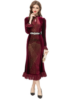 Luxe Ruffle Hem Beaded Velvet Dresses