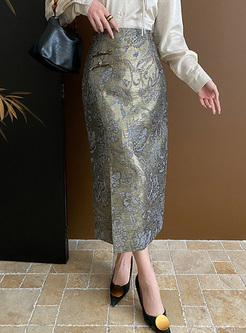 Pretty Gilded Jacquard Frogs Side Slit Skirts