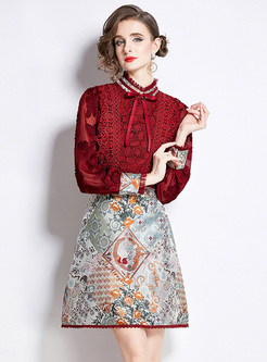 Bowknot Collar Contrasting Jacquard Dresses