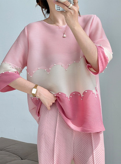 Loose Pearl Patchwork Smocked Tops Women
