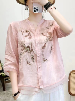 Soft Ramie Embroider Blouses Women
