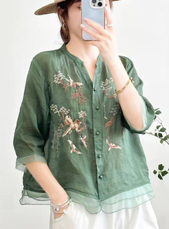 Soft Ramie Embroider Blouses Women