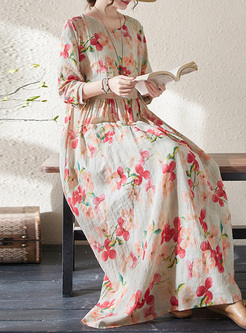 Flowers Printed Cotton and Linen Maxi Dresses
