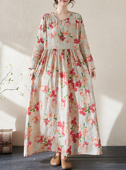Flowers Printed Cotton and Linen Maxi Dresses
