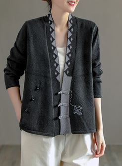 Patchwork Button Knitted Cardigan Women