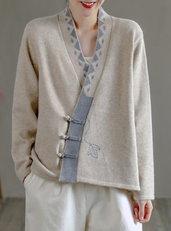 Patchwork Button Knitted Cardigan Women