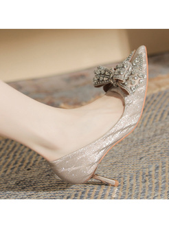 Shiny Bow-Embellished Women High Heels