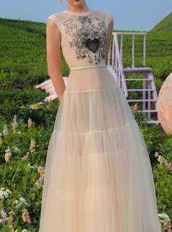Sleeveless Embroidered Mesh Prom Dresses