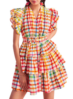 Colorful Flutter Sleeve Plaid Layered Dresses
