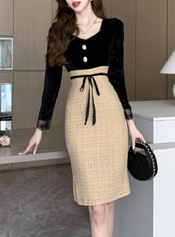 Classy Tweed Patch Bow Bodycon Dresses