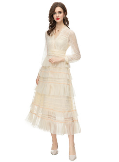 Luxe Lace Pleated Layer Frill Dresses