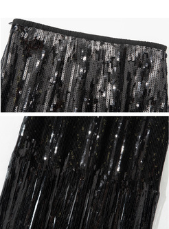 Sexy Sequins Fringes Elastic Waist Skirts