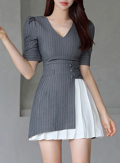 Business Striped Patch Pleated Dresses