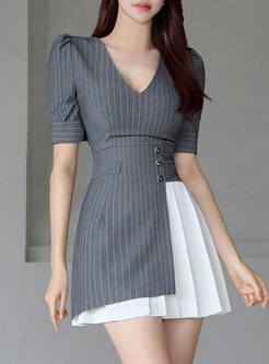 Business Striped Patch Pleated Dresses