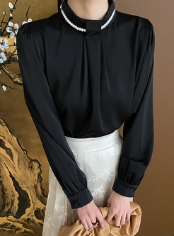 Elegant Satin Pearl Mockneck Women Blouses