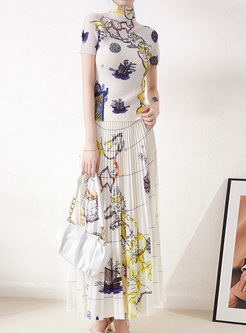 Fashion Printed Tops & Pleated Skirts