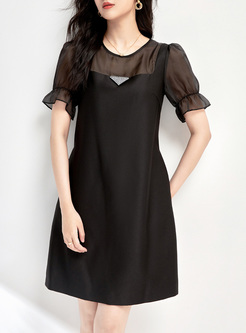 Puff Sleeve Mesh Patch Skater Dresses