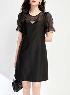 Puff Sleeve Mesh Patch Skater Dresses